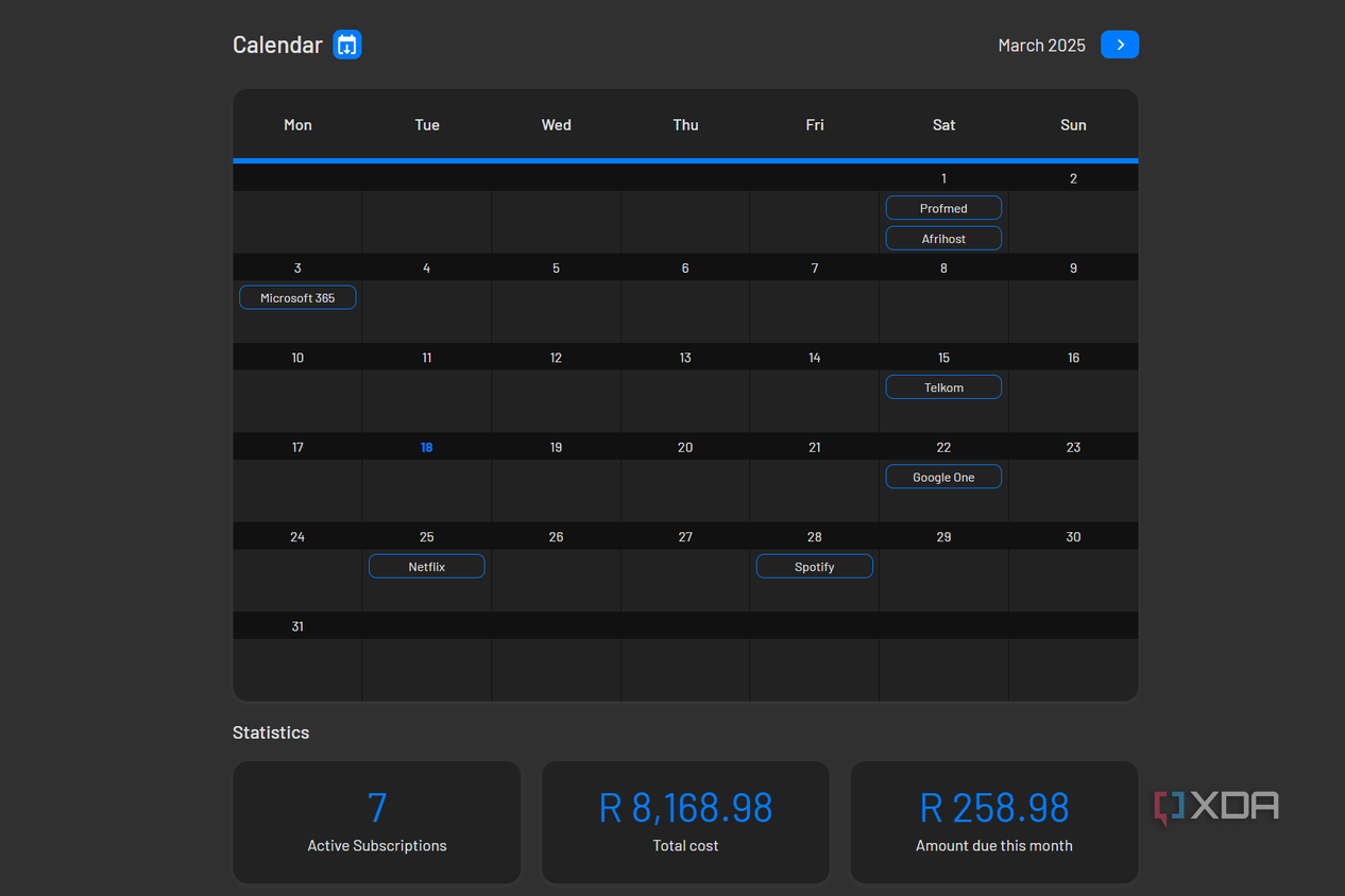 calendar view in wallos for remainder of march