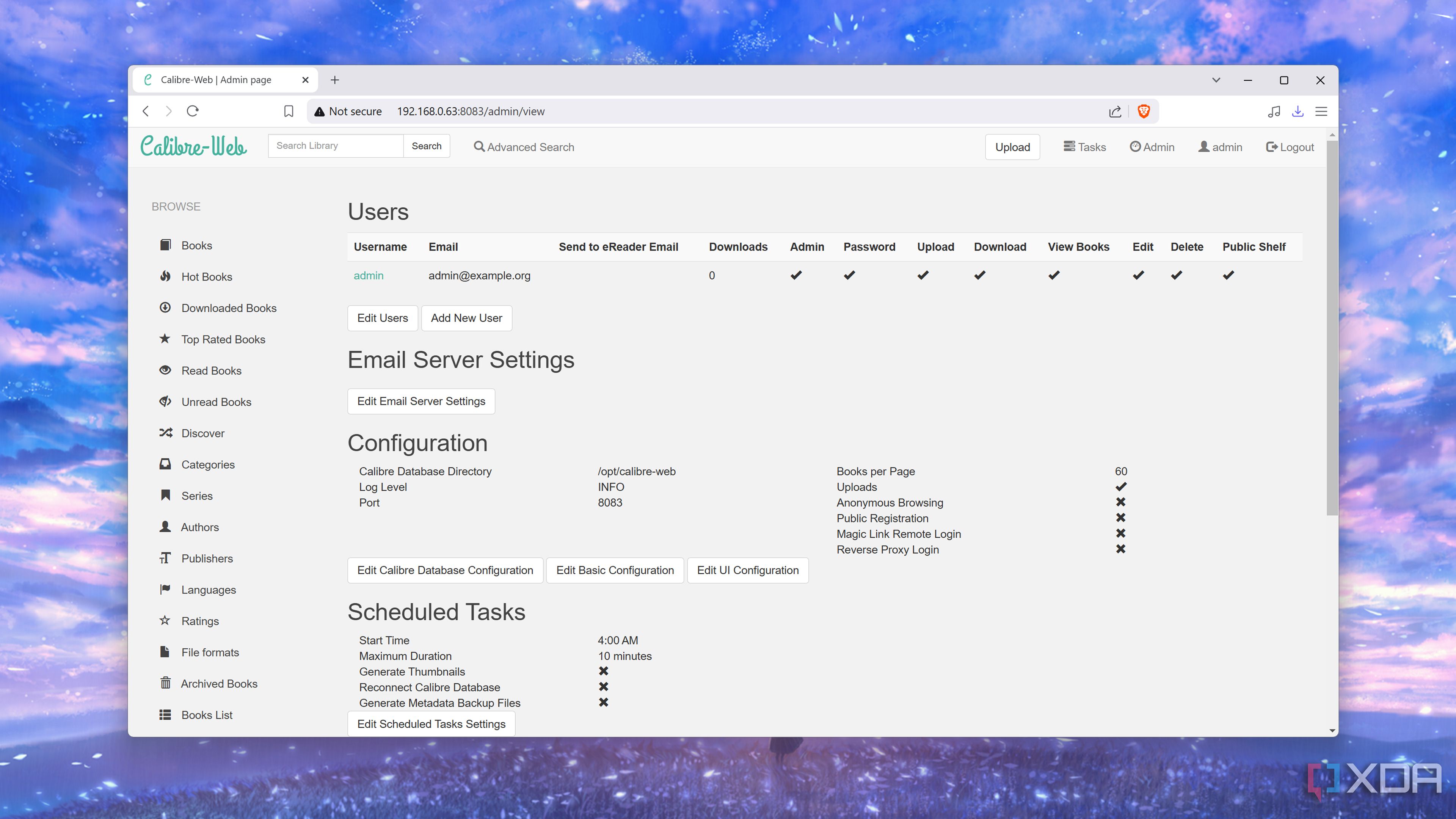 The settings tab inside Calibre-Web