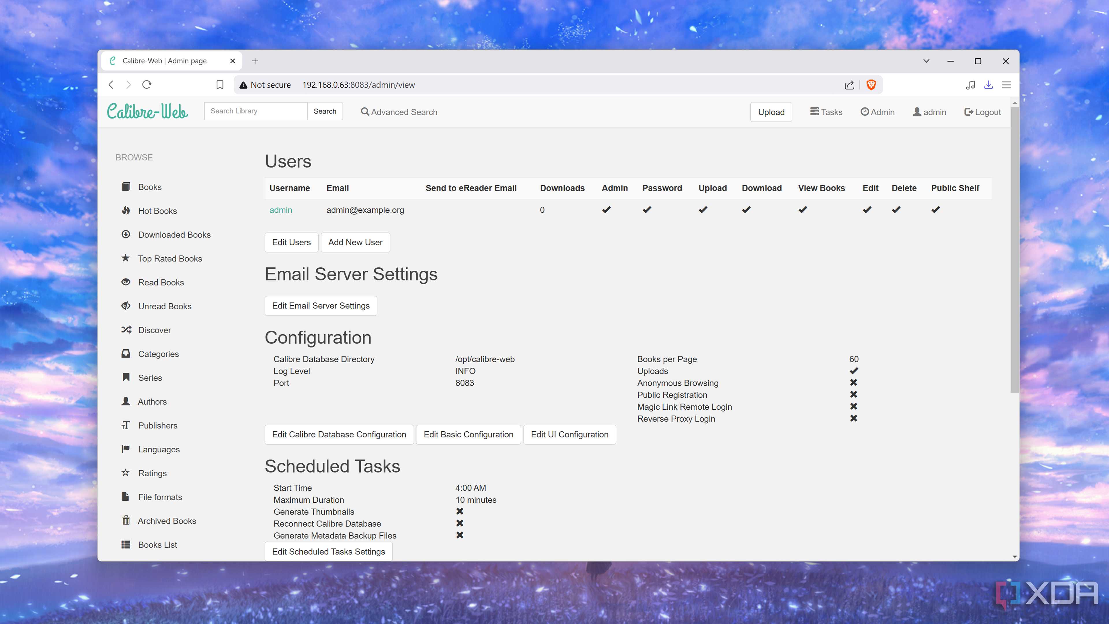 The settings tab inside Calibre-Web