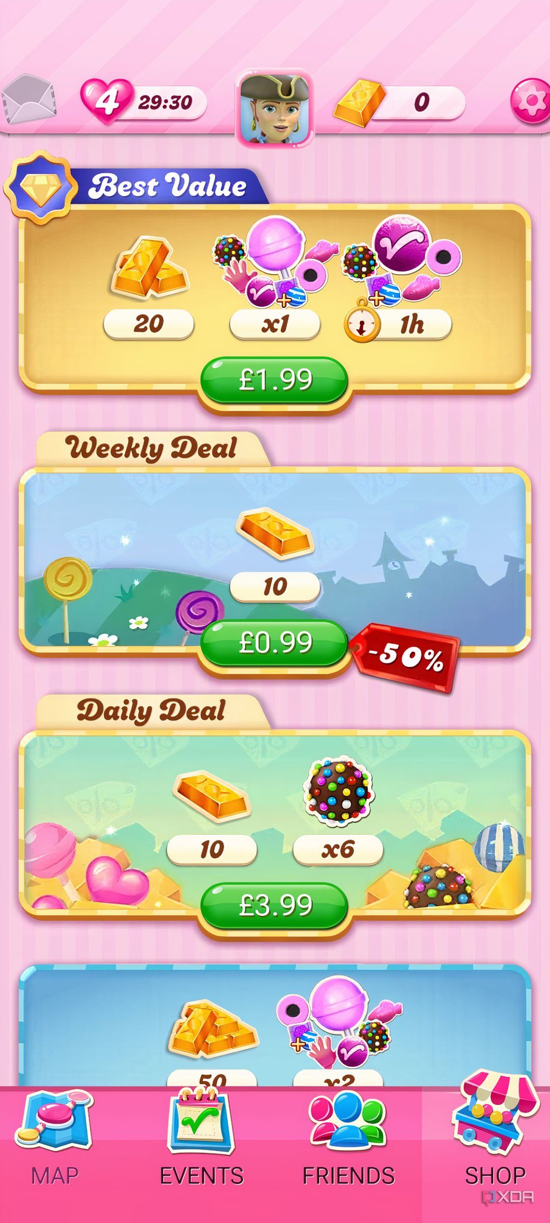 Mobile screenshot of the game Candy Crush Saga, shownig the in-game micro-transactions a user can make.