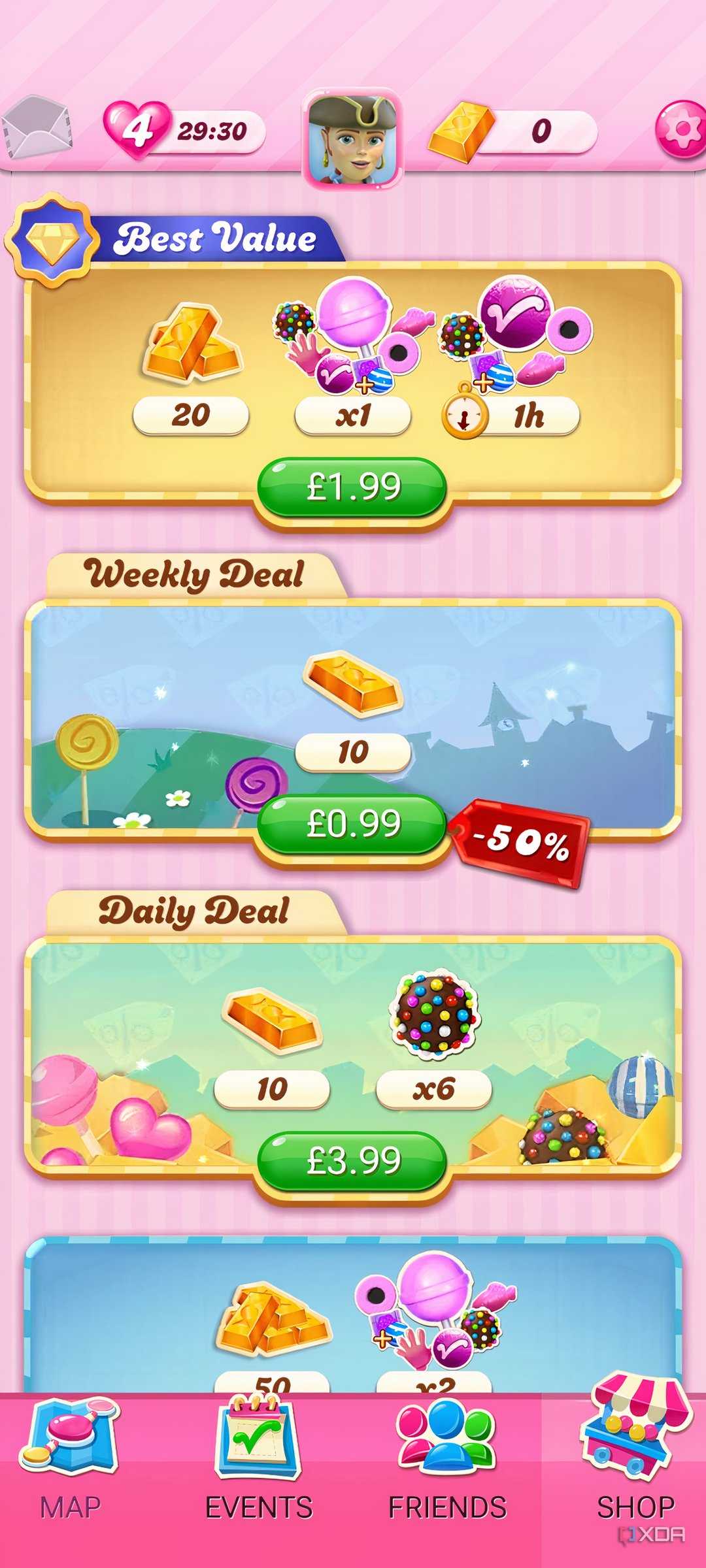 Mobile screenshot of the game Candy Crush Saga, shownig the in-game micro-transactions a user can make.