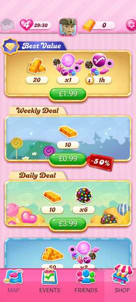 Mobile screenshot of the game Candy Crush Saga, shownig the in-game micro-transactions a user can make.