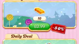 Mobile screenshot of the game Candy Crush Saga, shownig the in-game micro-transactions a user can make.