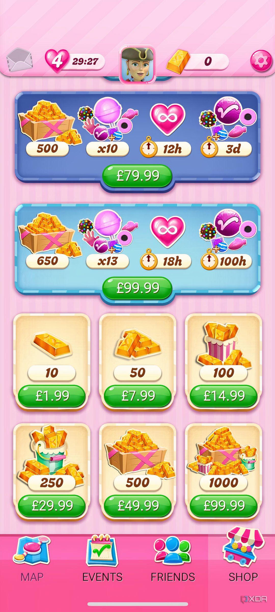 Mobile screenshot of the game Candy Crush Saga, showing the purchases one can make on the game's in-app store.