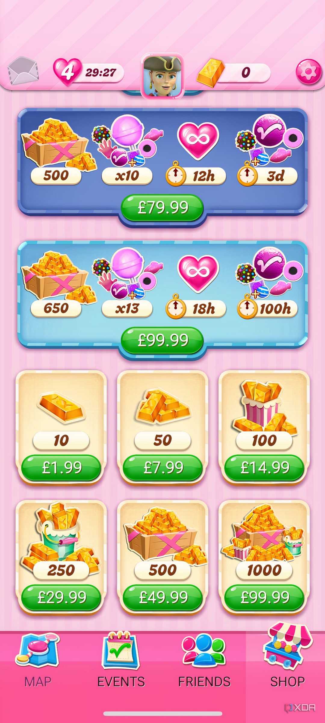 Mobile screenshot of the game Candy Crush Saga, showing the purchases one can make on the game's in-app store.