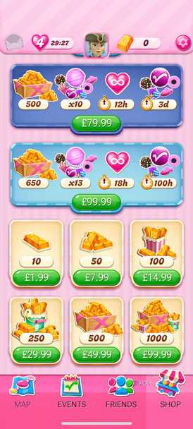 Mobile screenshot of the game Candy Crush Saga, showing the purchases one can make on the game's in-app store.
