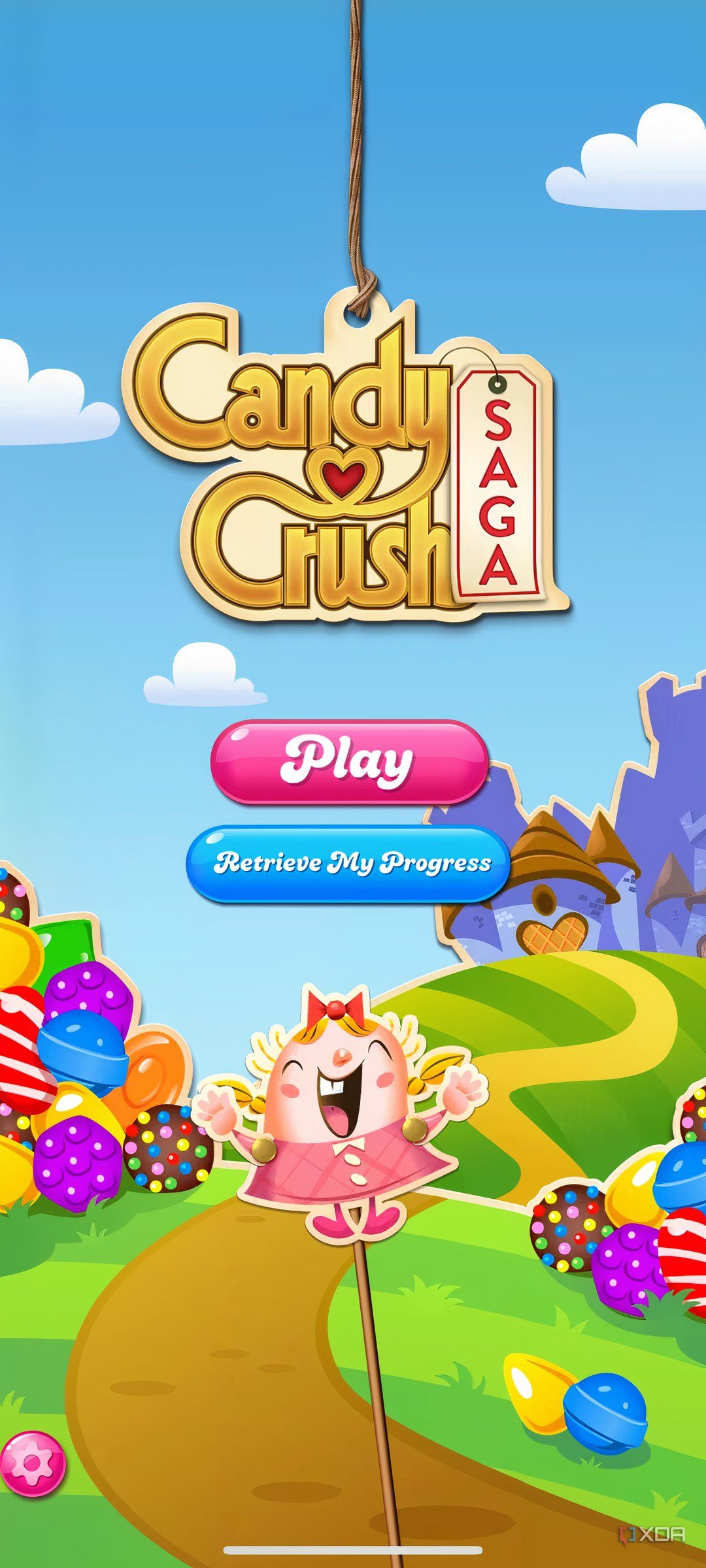 Mobile screenshot of the game Candy Crush Saga, showing the game's opening menu splash screen.