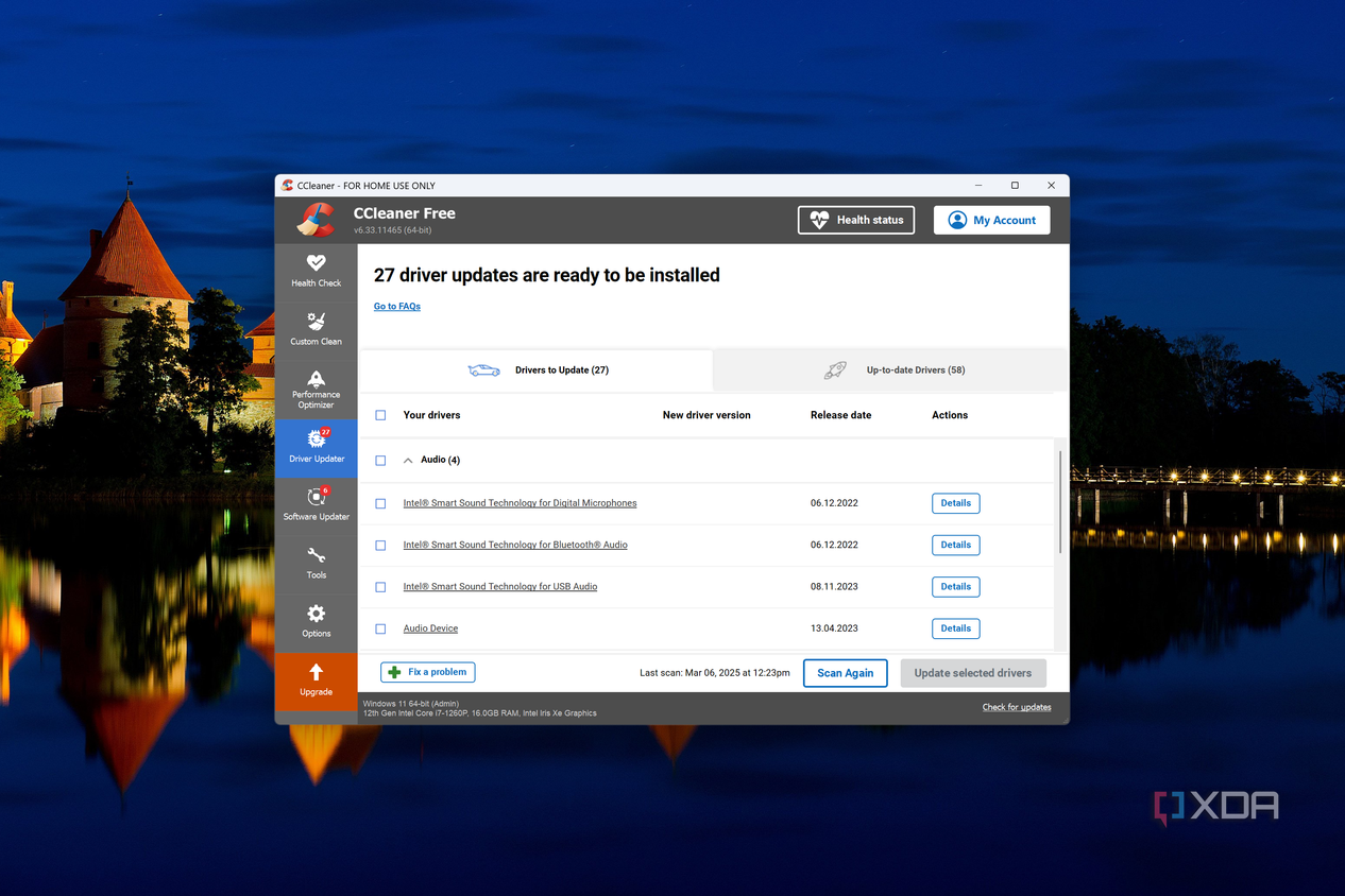 Screenshot of CCleaner's driver updater tool showing 27 driver updates available