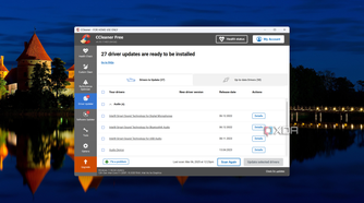 Screenshot of CCleaner's driver updater tool showing 27 driver updates available