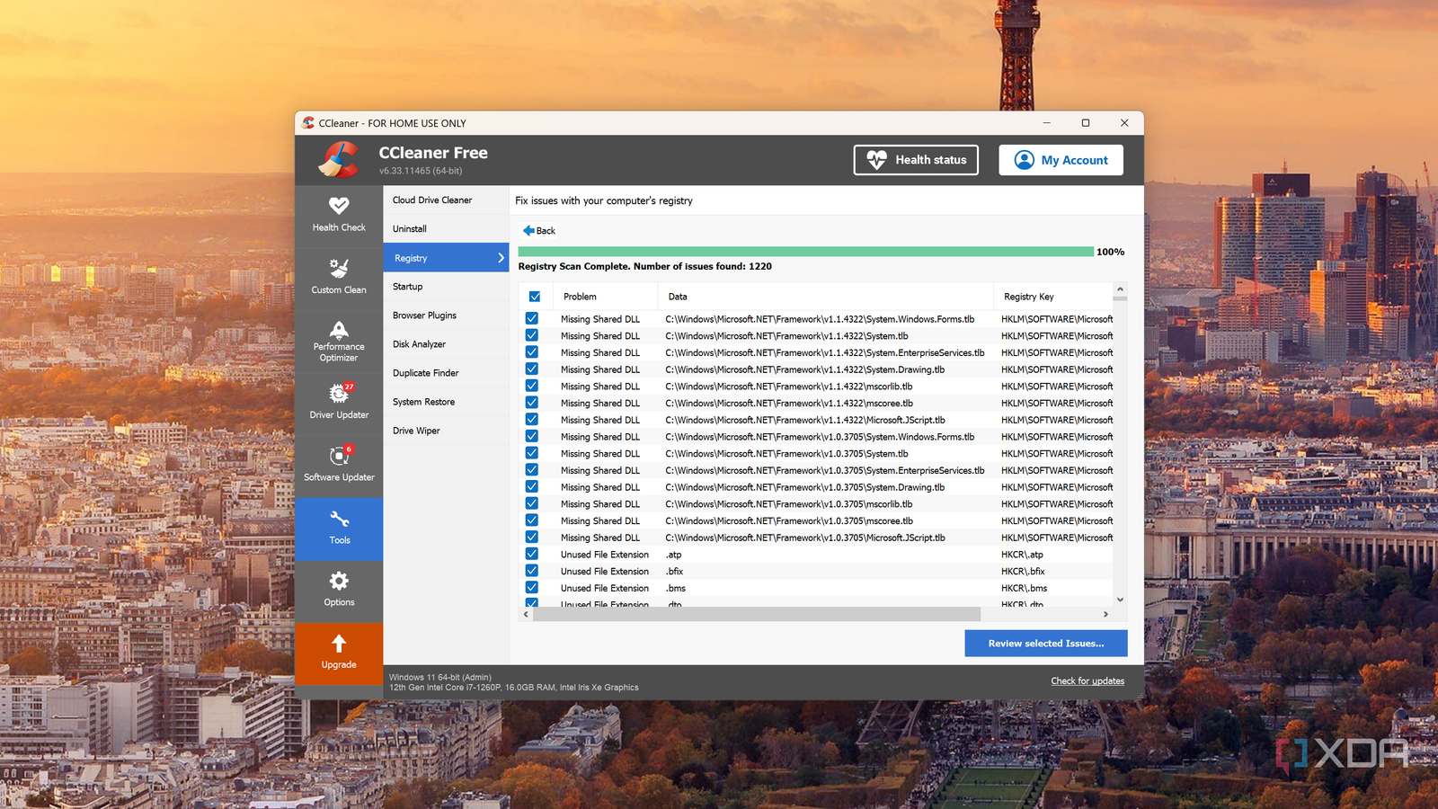 Screenshot of CCleaner's registry cleaner tool showing over one thousand errors