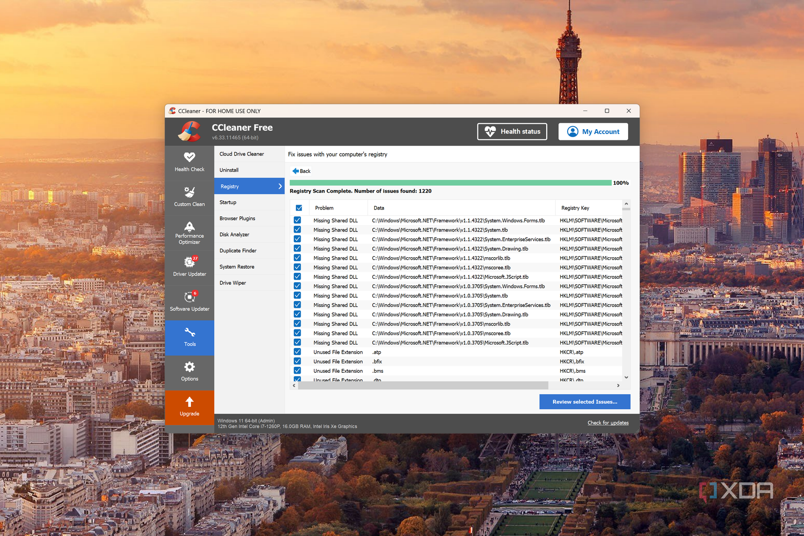 Screenshot of CCleaner's registry cleaner tool showing over one thousand errors