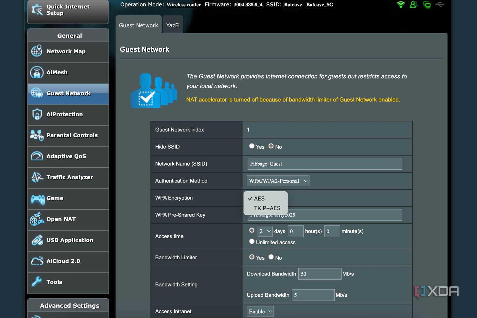 Elija entre AES o una combinación de método de cifrado TKIP+AES para contraseña