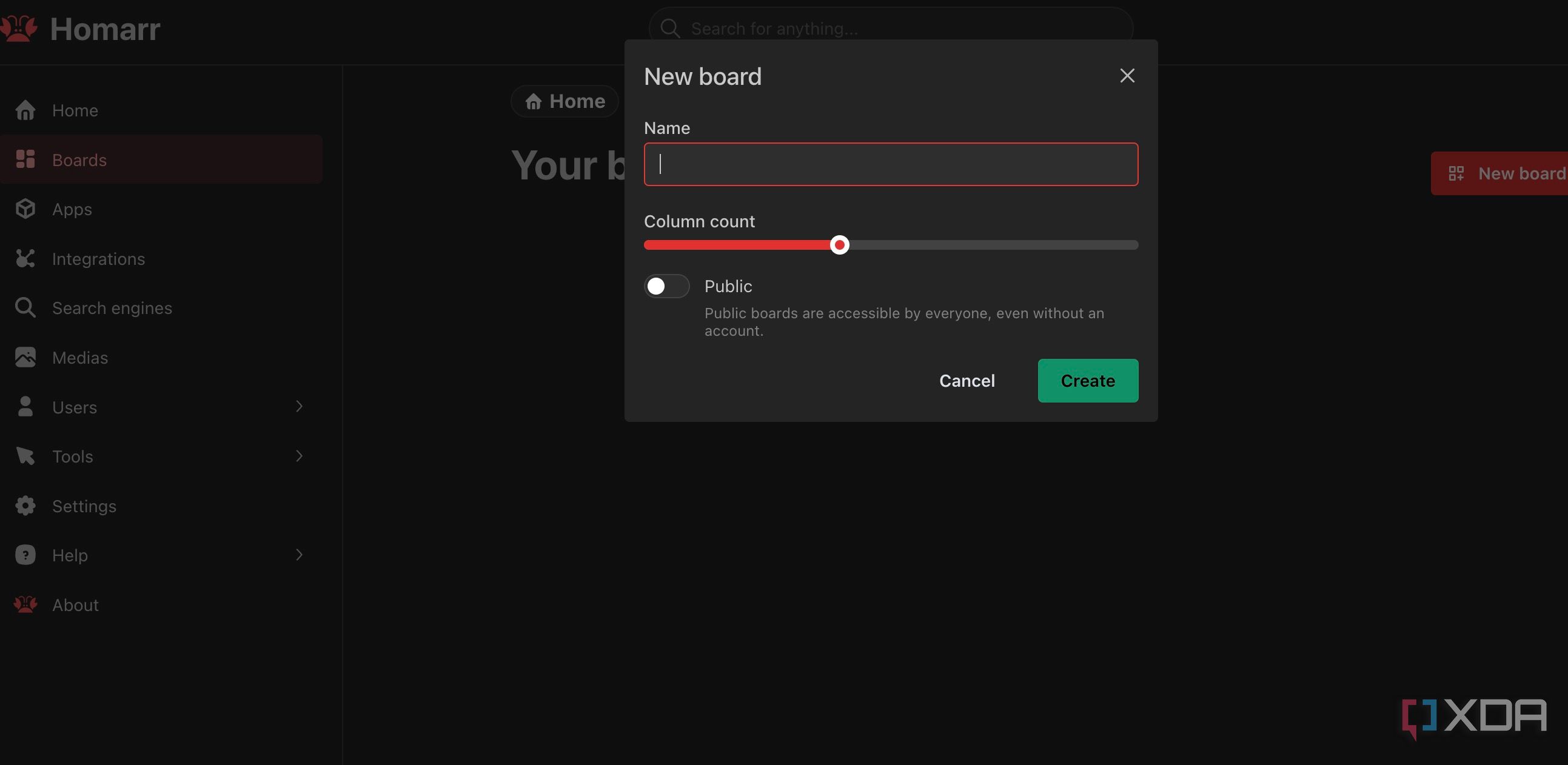 Create a new board in Homarr
