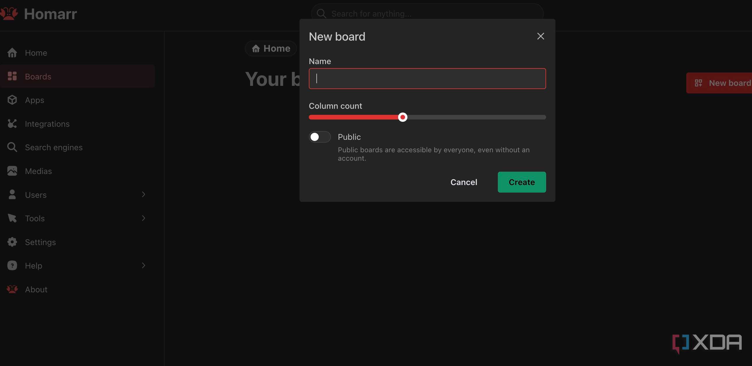 Create a new board in Homarr