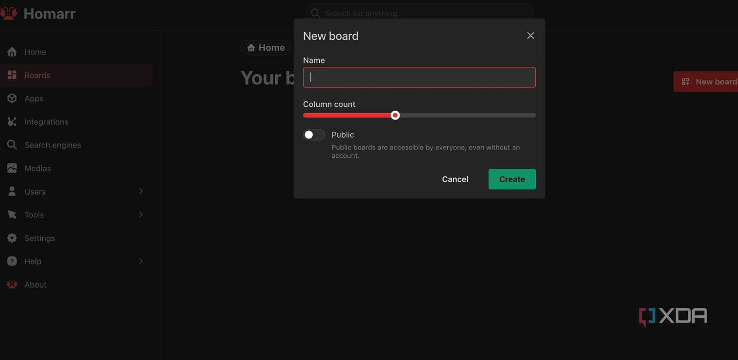 Create a new board in Homarr