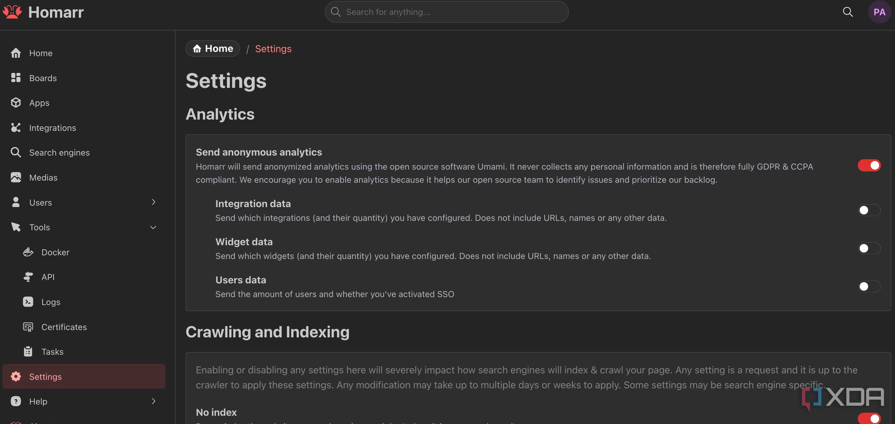 Homarr settings menu