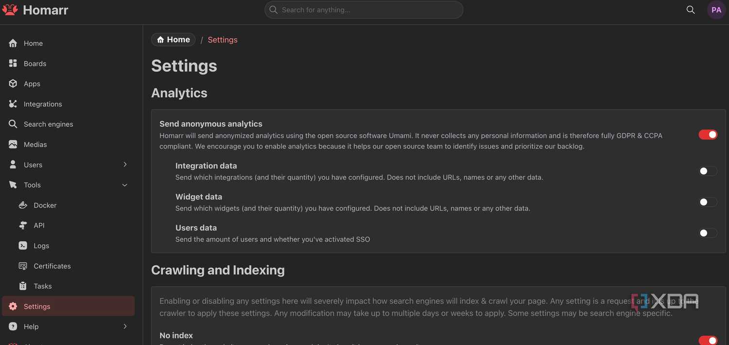 Homarr settings menu