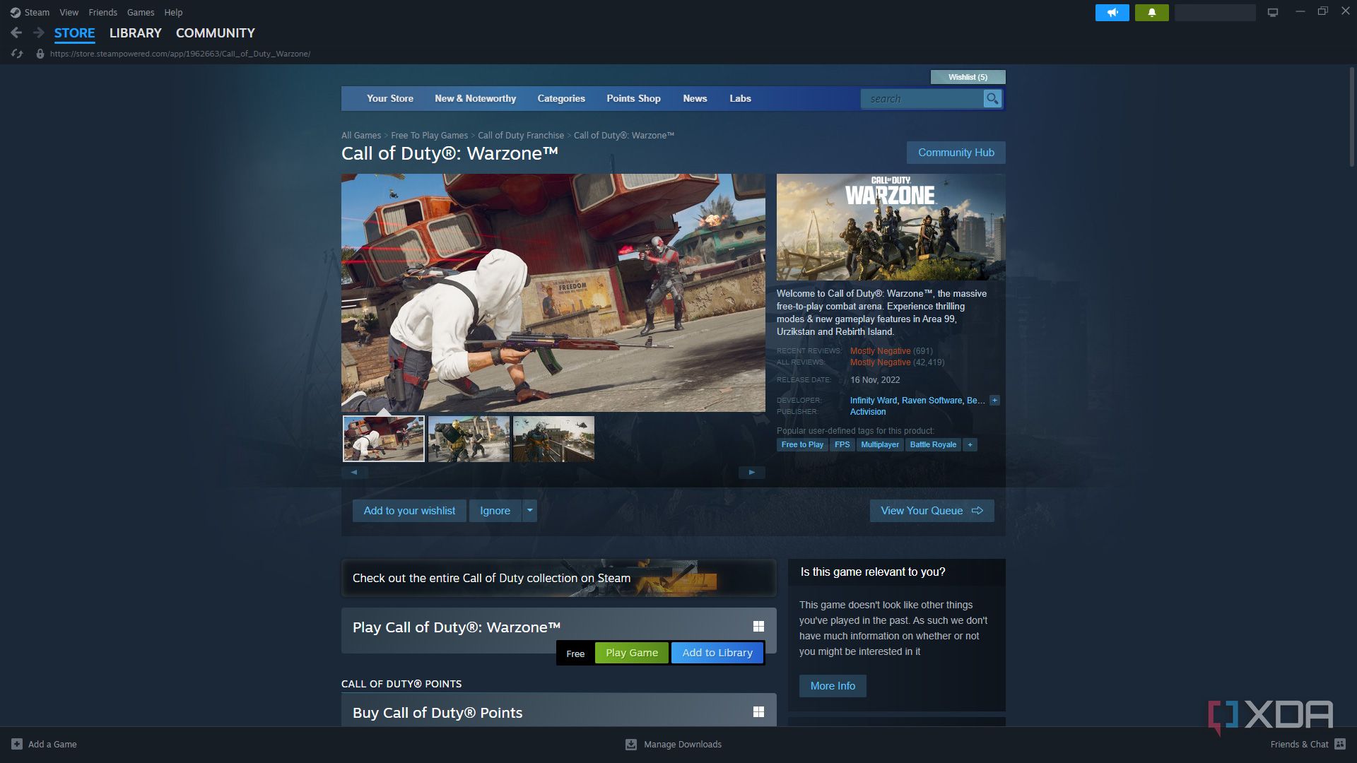 Call of Duty: Warzone's Steam page with mostly negative reviews
