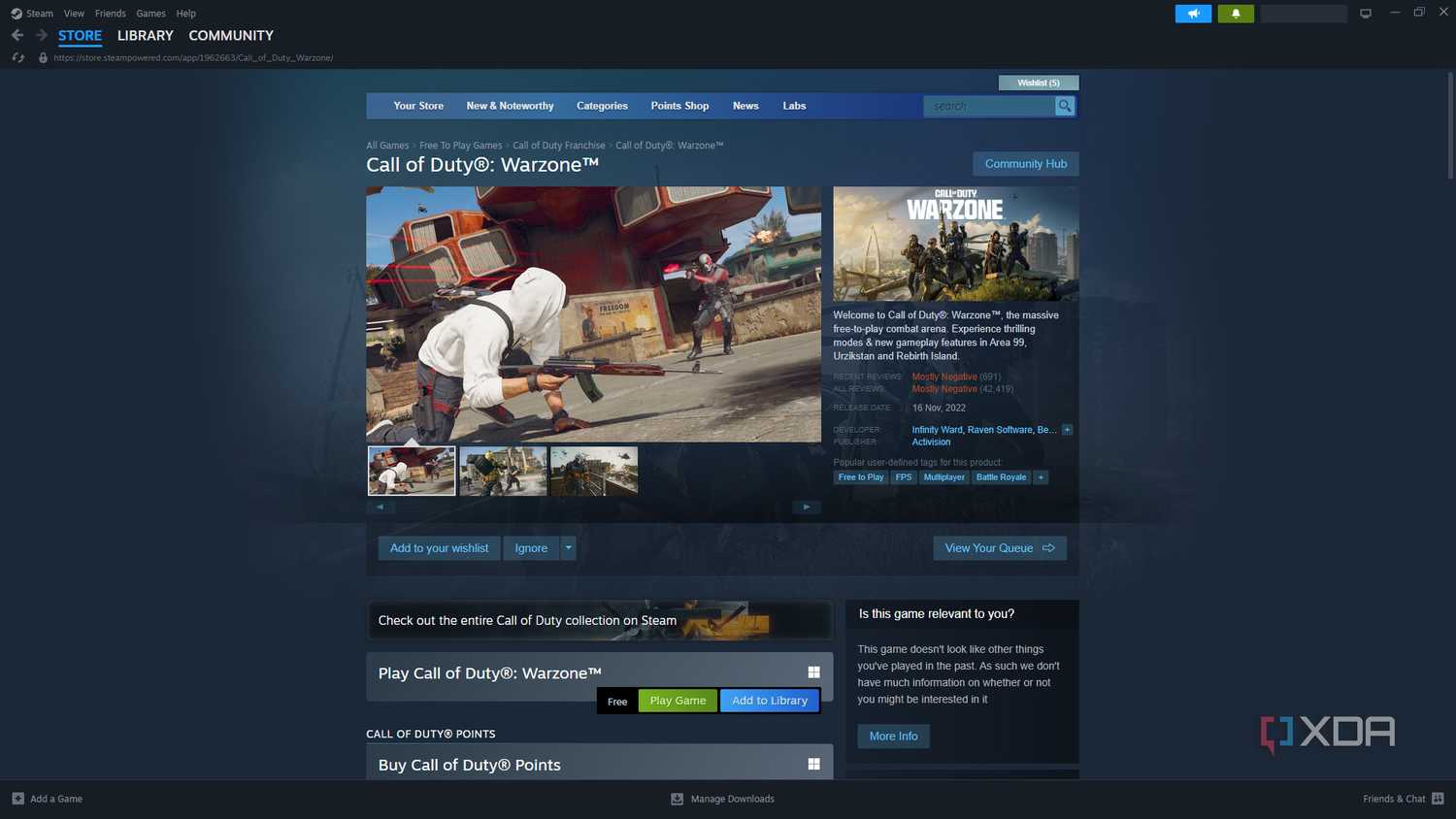 Call of Duty: Warzone's Steam page with mostly negative reviews