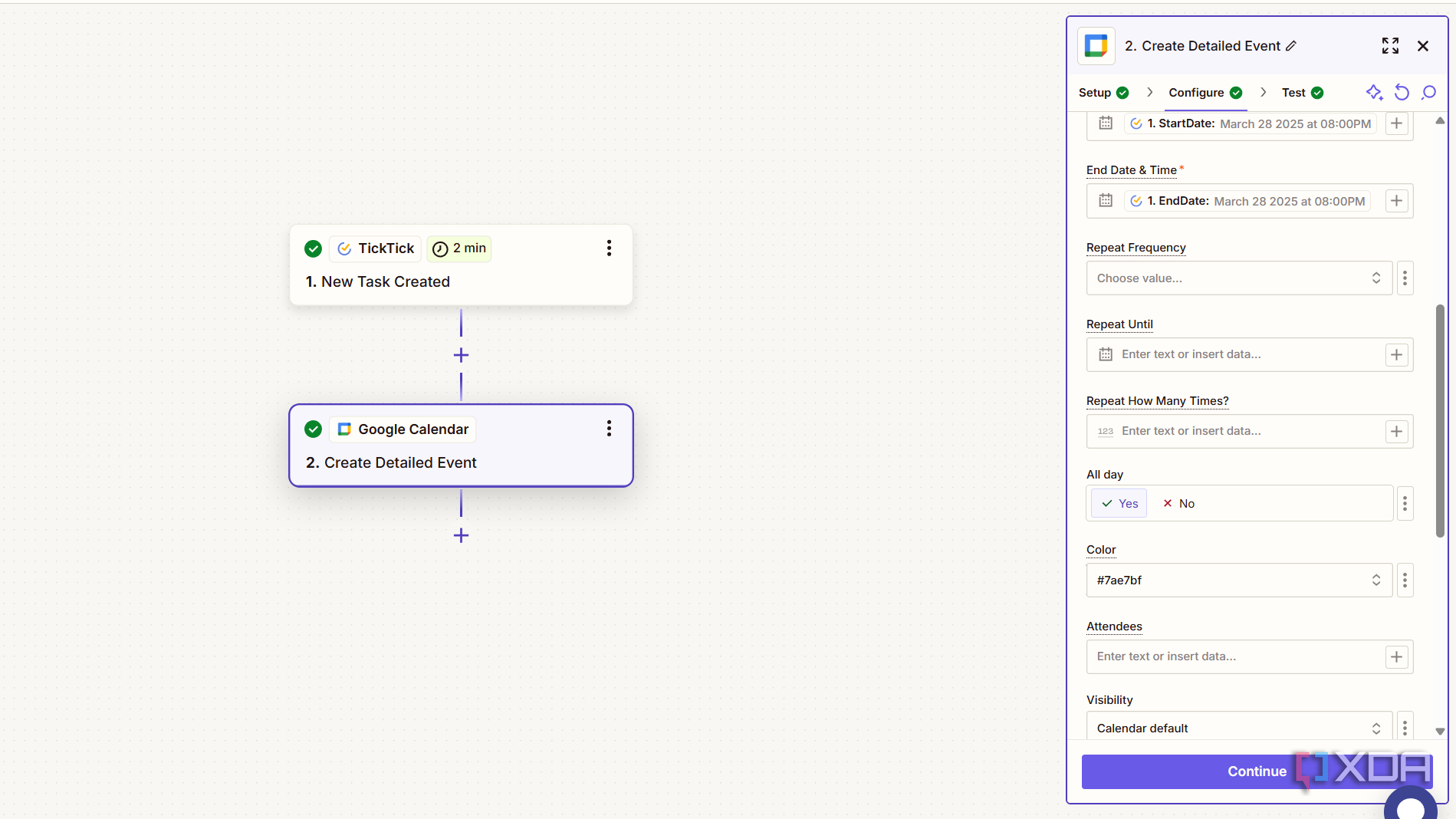 configuring event details for google calendar in zapier