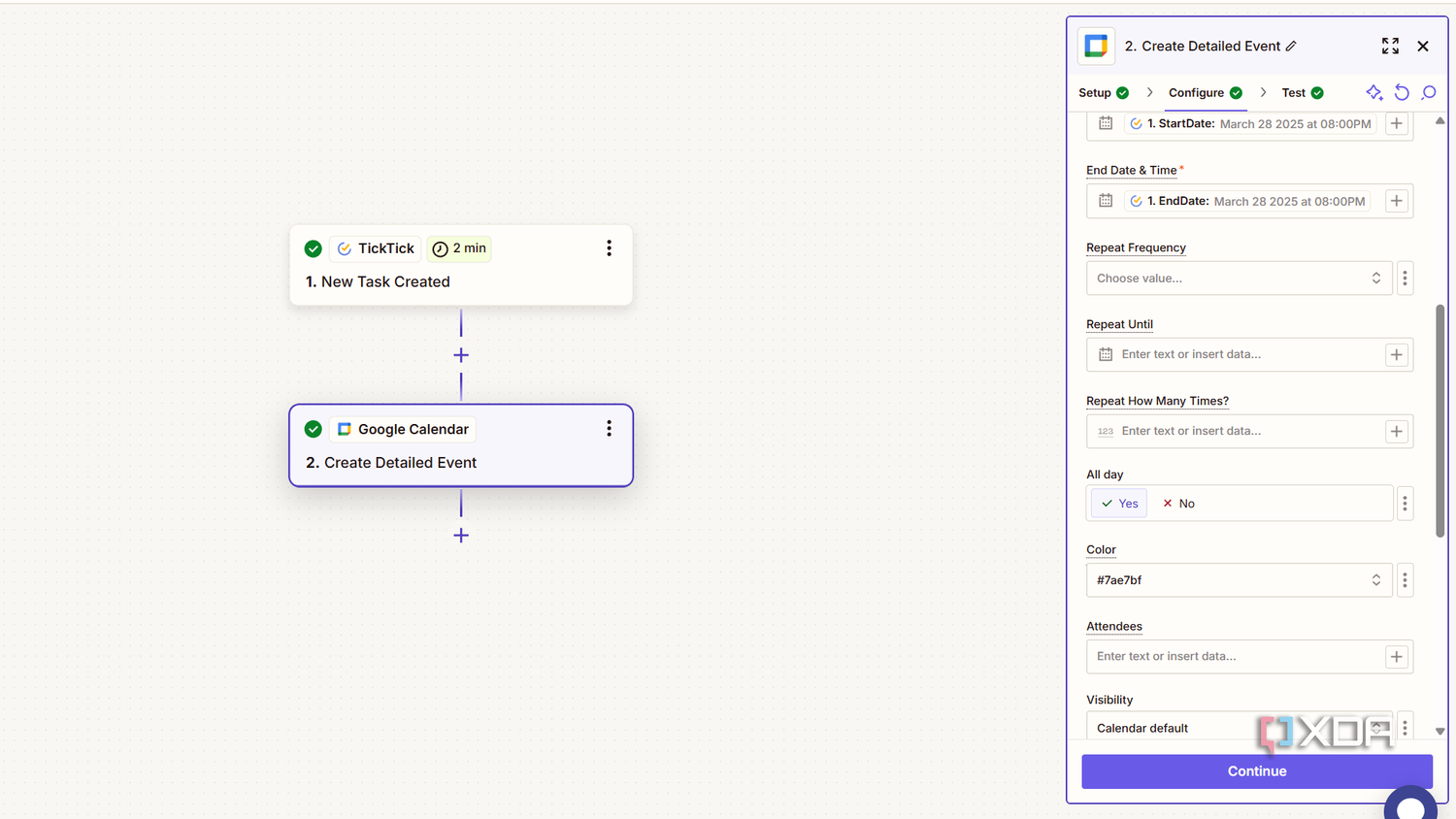 configuring event details for google calendar in zapier