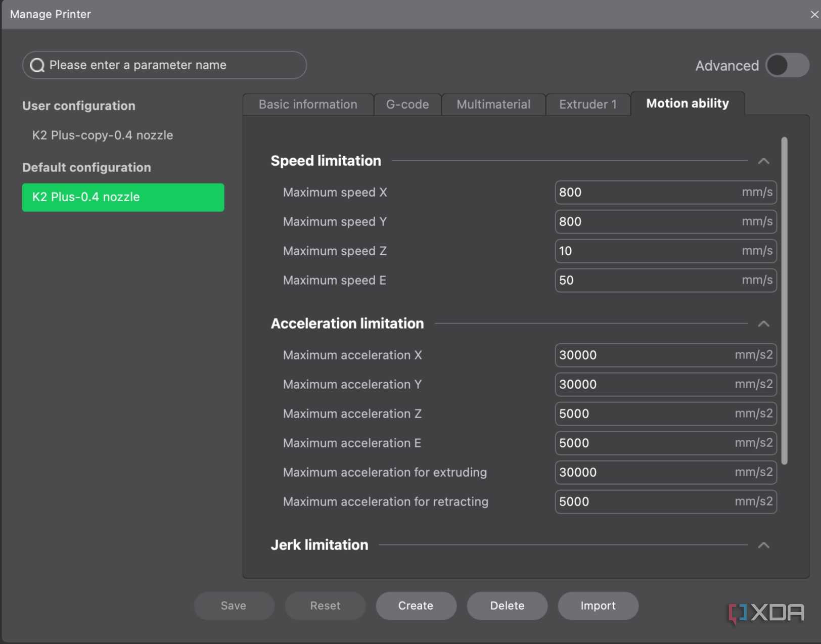 Creality Print motion settings
