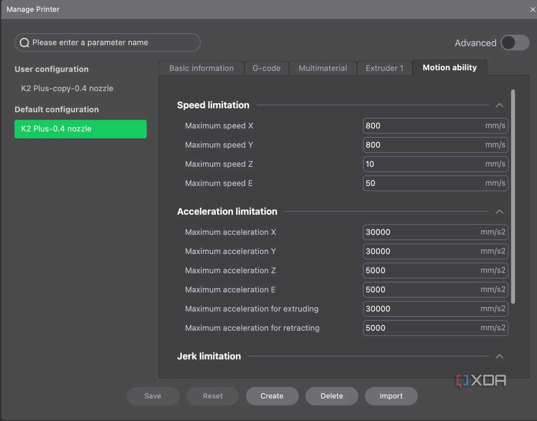 Creality Print motion settings