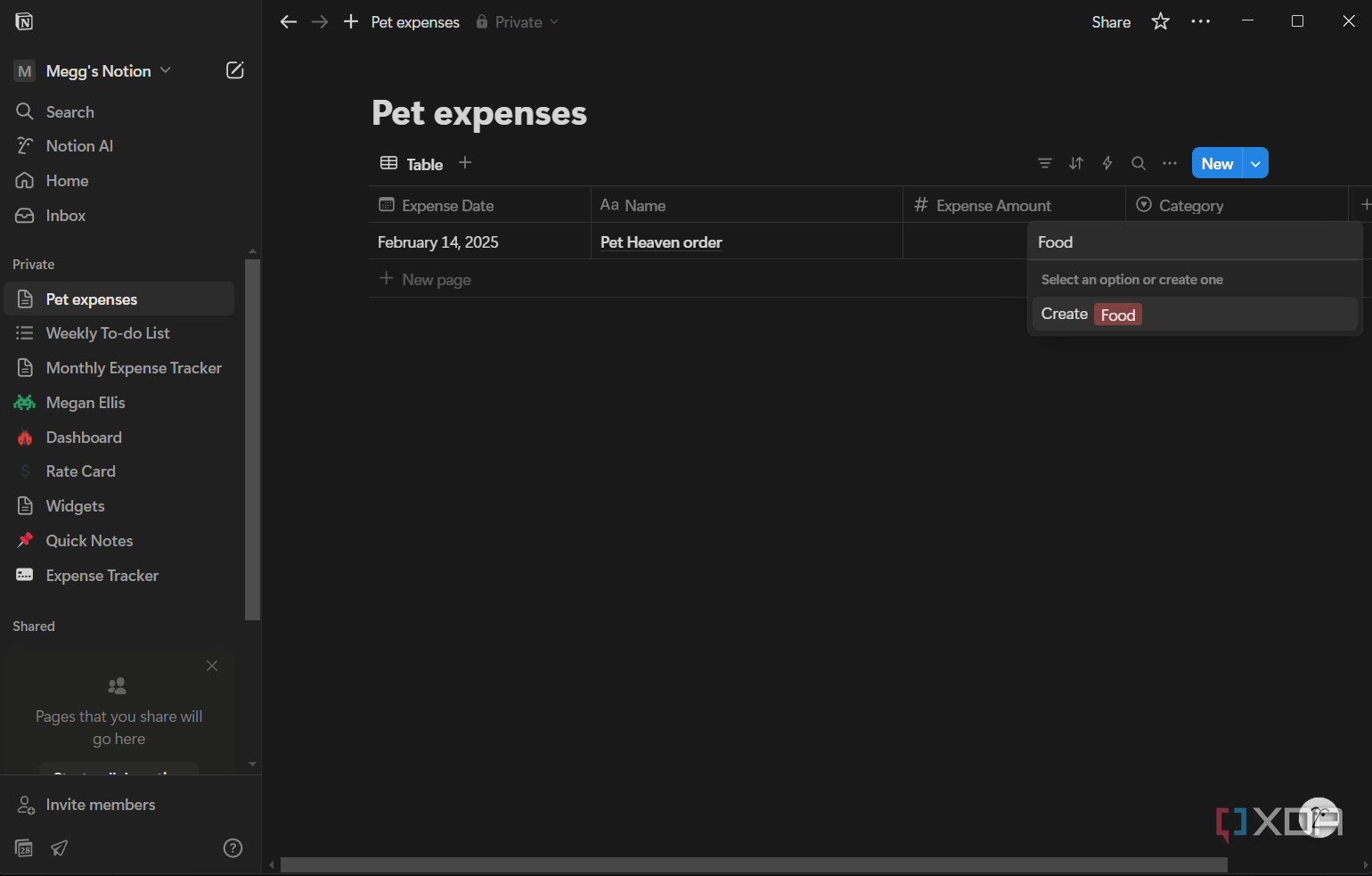 creating a table category selection in notion