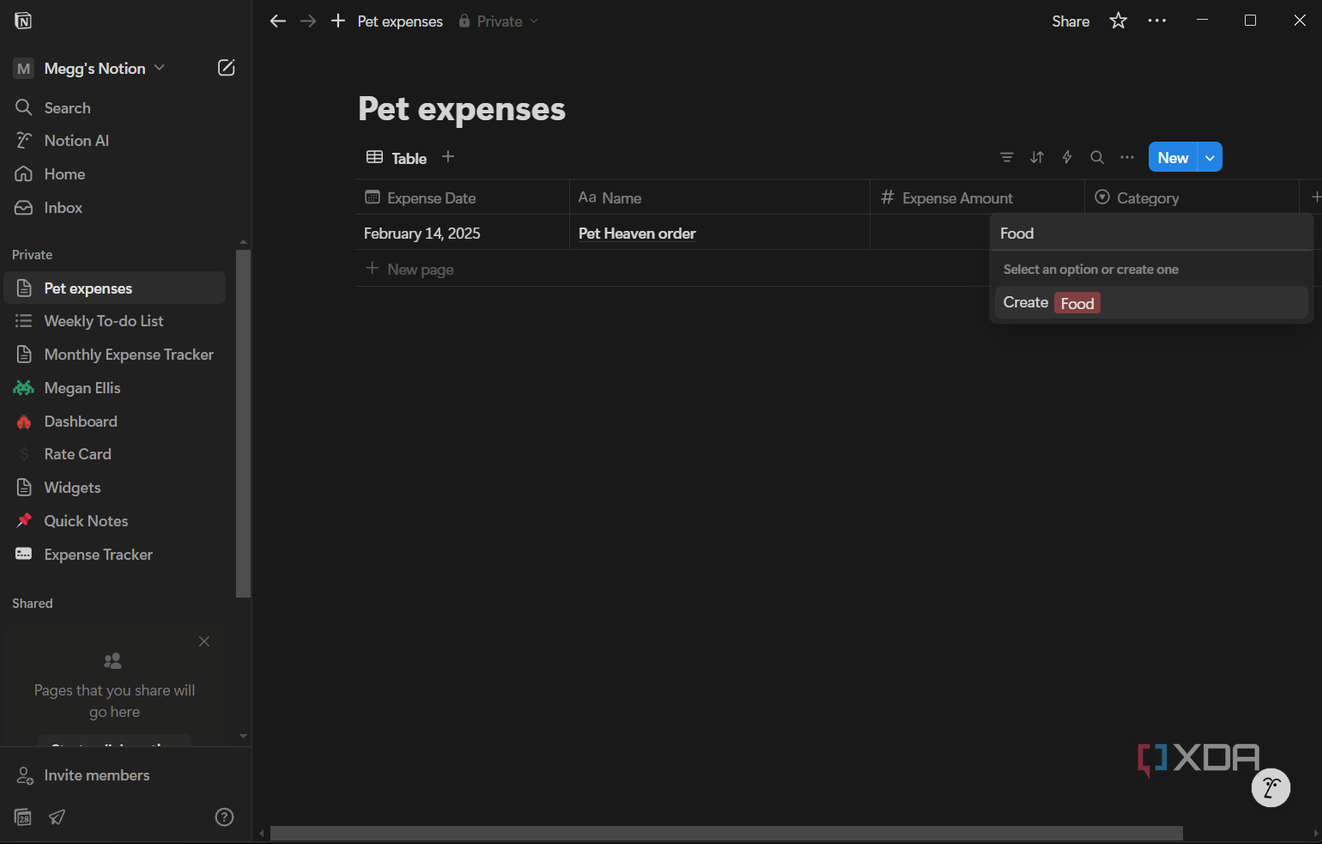 creating a table category selection in notion