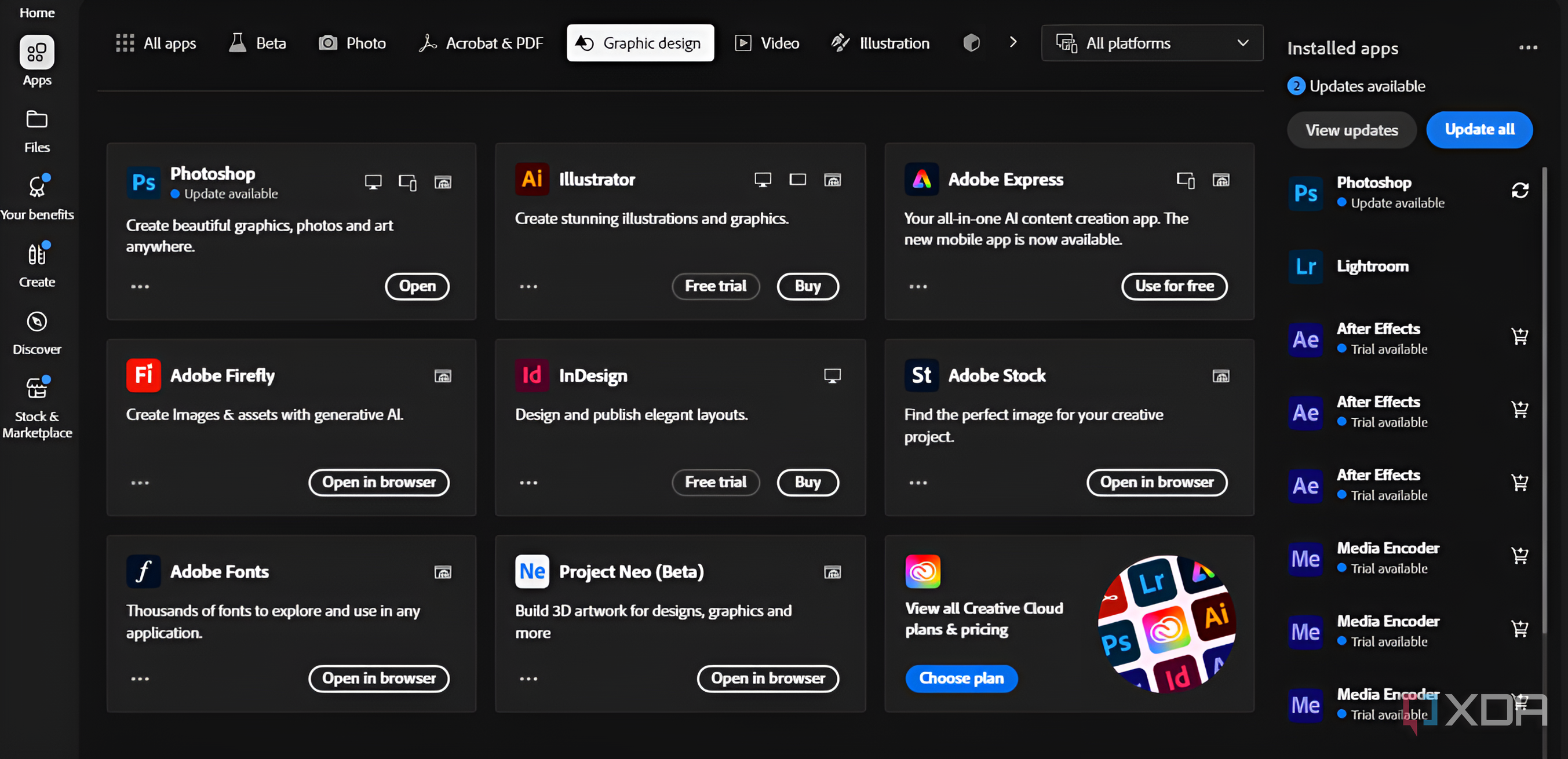 Creative Cloud app available apps