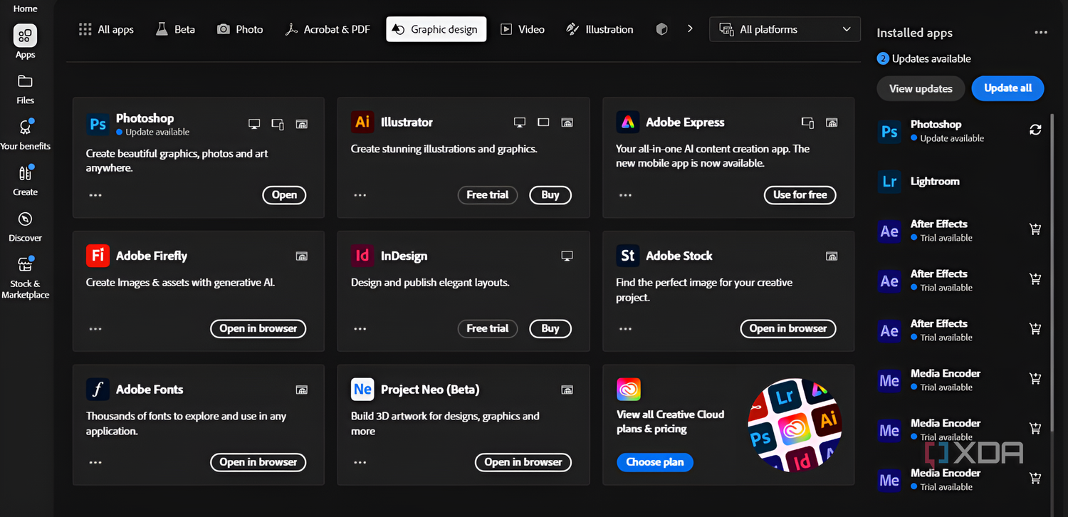 Creative Cloud app available apps