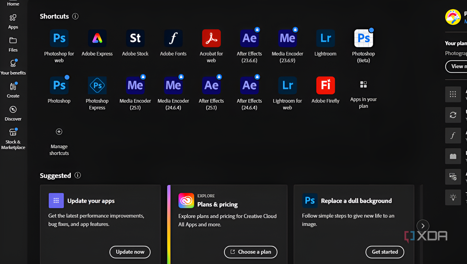 Creative Cloud app shortcuts