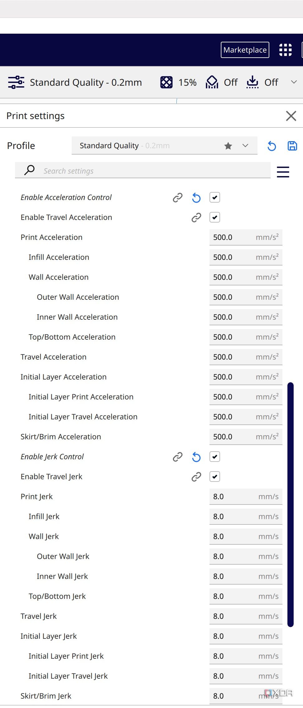 Cura motion settings