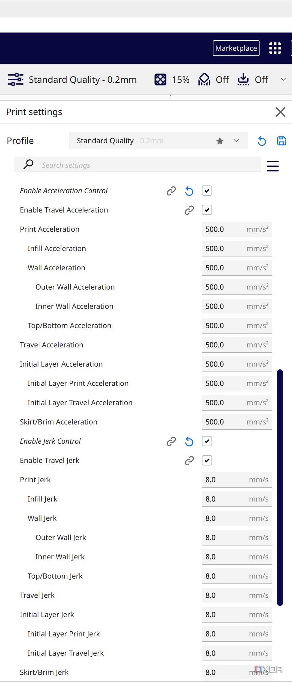 Cura motion settings
