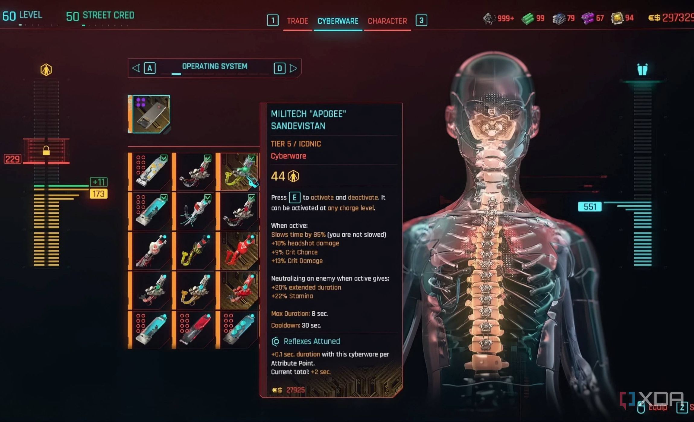 An image from Cyberpunk 2077, showing the body-augmentation screen.