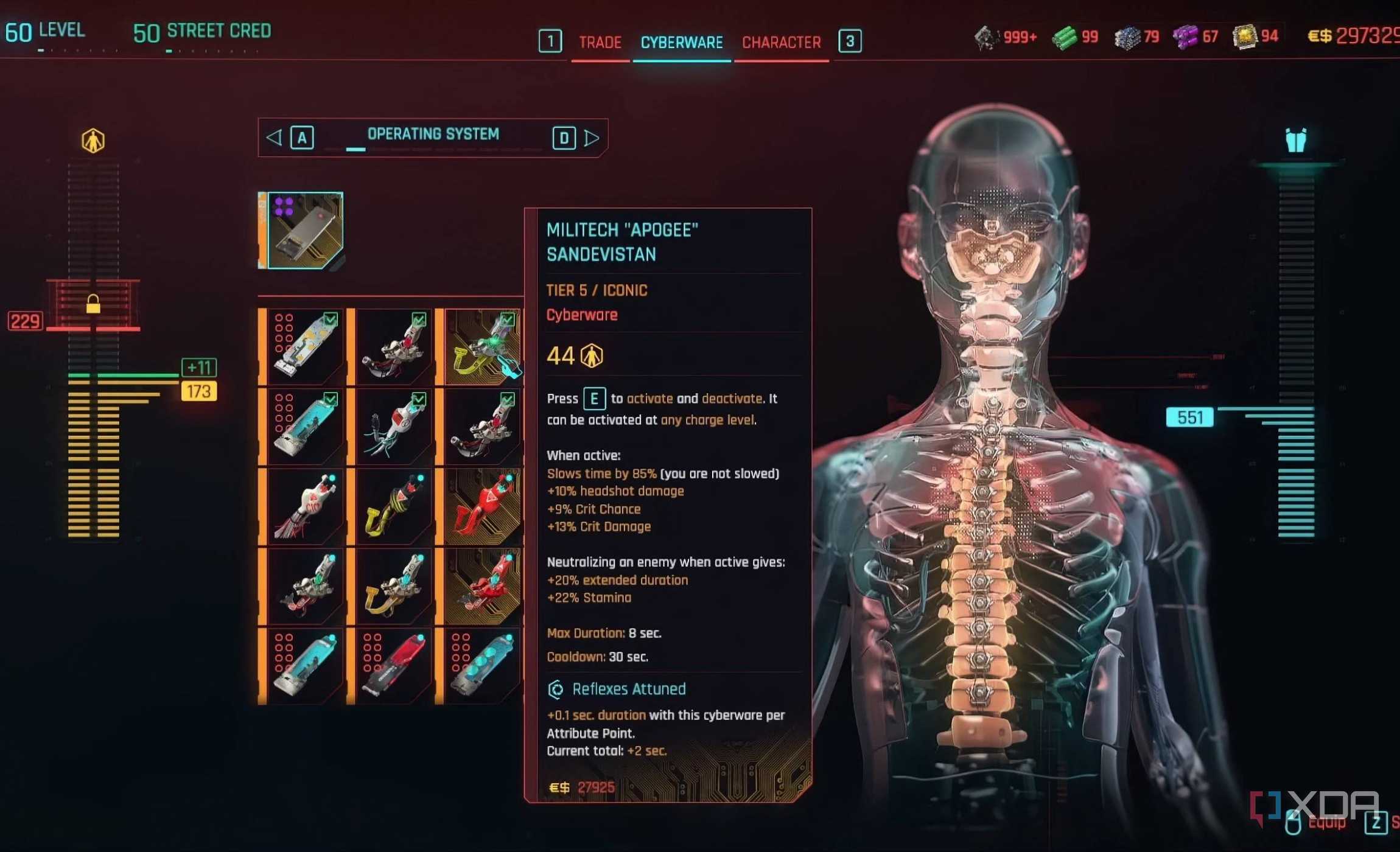 An image from Cyberpunk 2077, showing the body-augmentation screen.