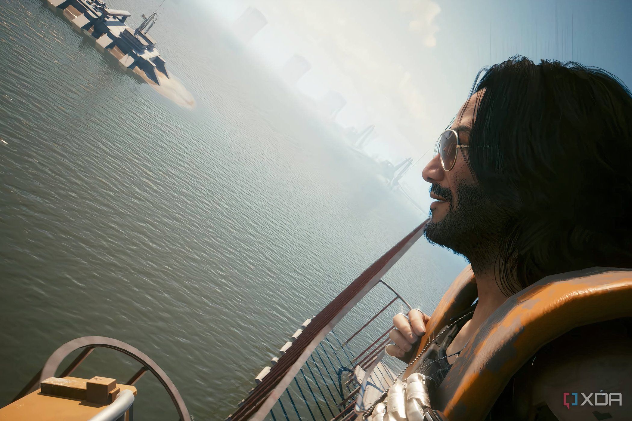 An image from the game "Cyberpunk 2077", showing Johnny Silverhand sitting on a roller coaster.