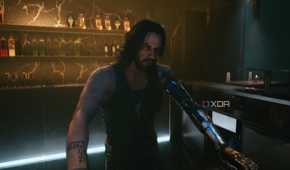 An image from the game "Cyberpunk 2077", showing actor Keanu Reeves as Johnny Silverhand pretending to be a bartender.