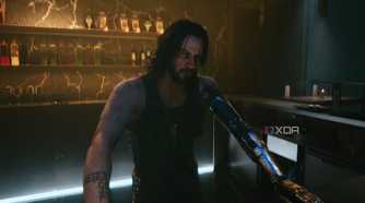 An image from the game "Cyberpunk 2077", showing actor Keanu Reeves as Johnny Silverhand pretending to be a bartender.