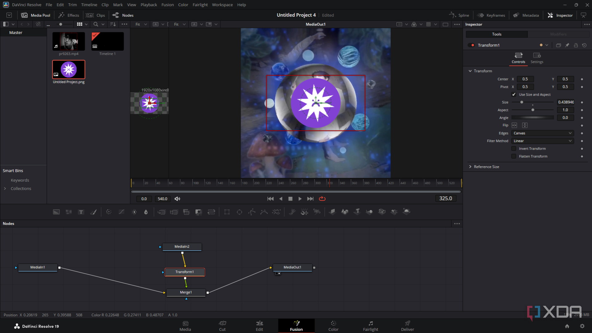 DaVinci Resolve adding Transform node