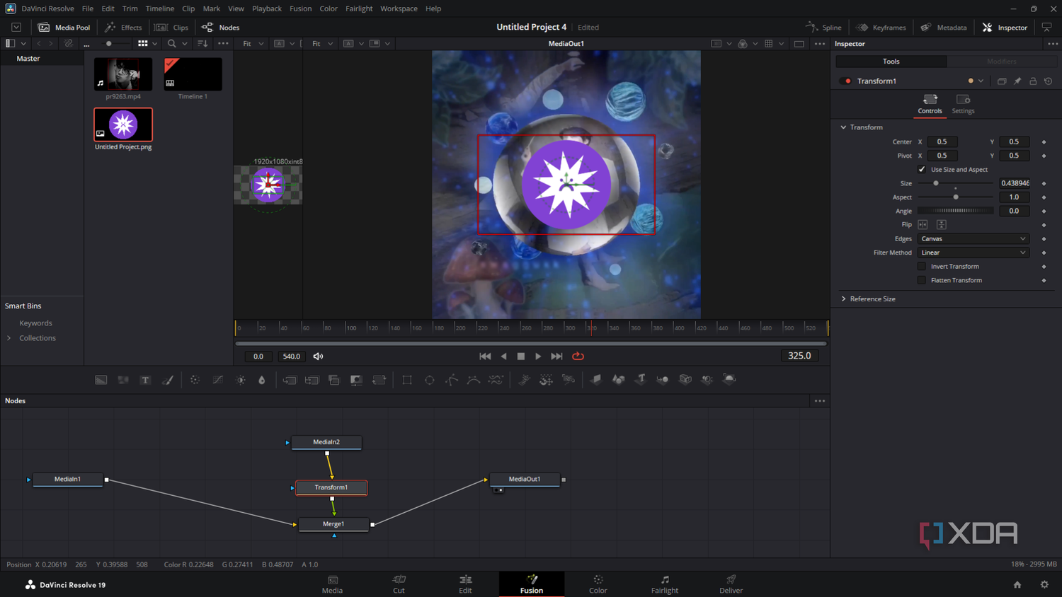 DaVinci Resolve adding Transform node
