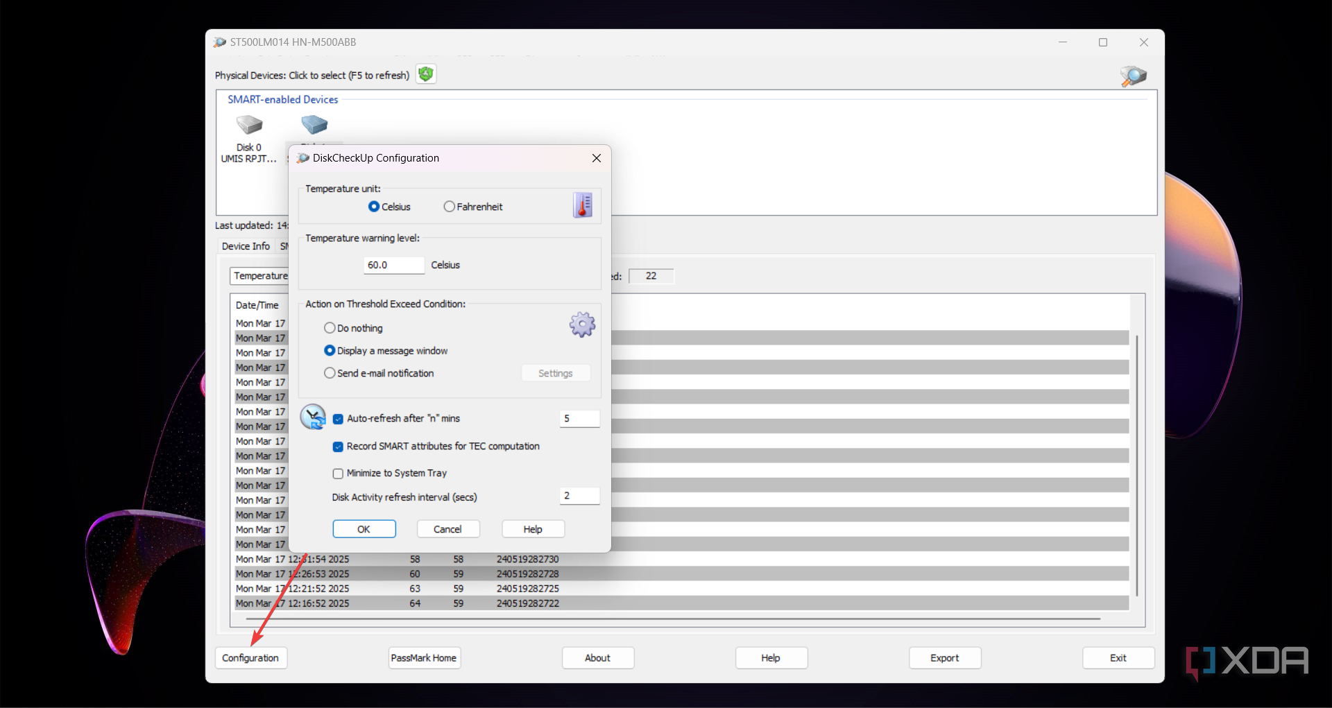 Instruction to open the DiskCheckup configuration window