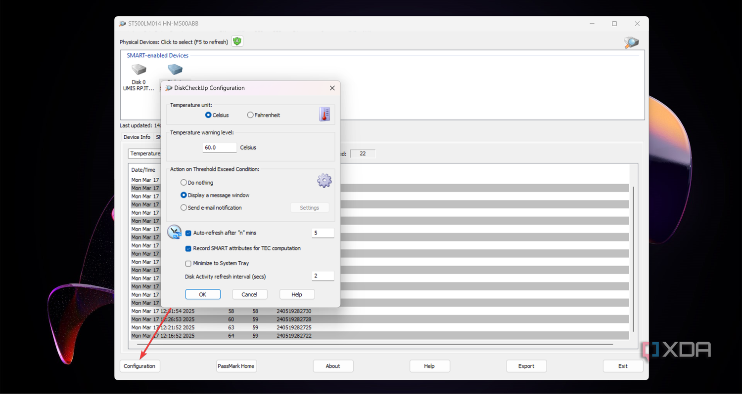 Instruction to open the DiskCheckup configuration window