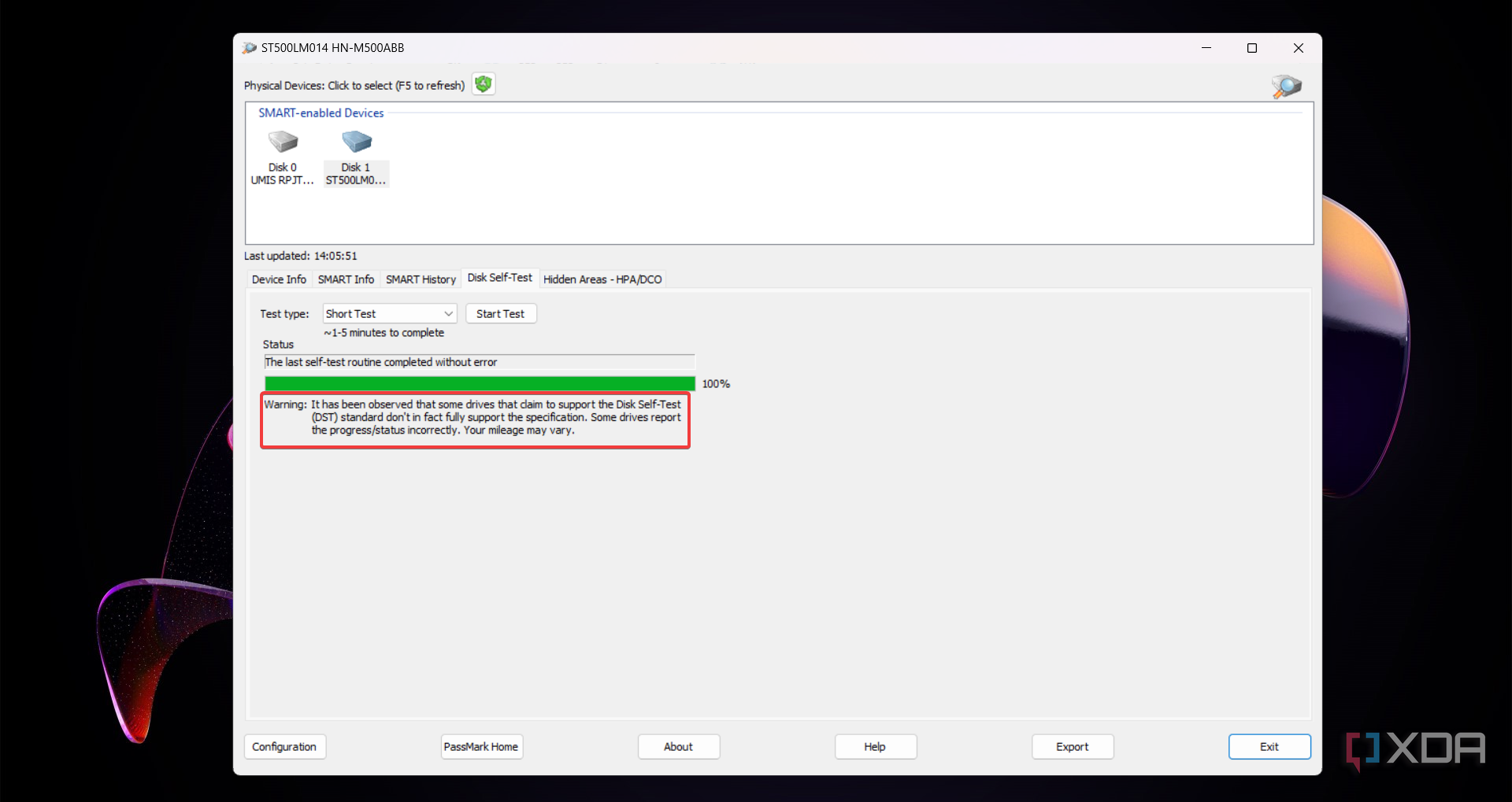 DiskCheckup warning on seft testing limitations