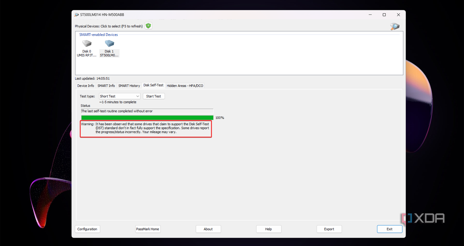 DiskCheckup warning on seft testing limitations