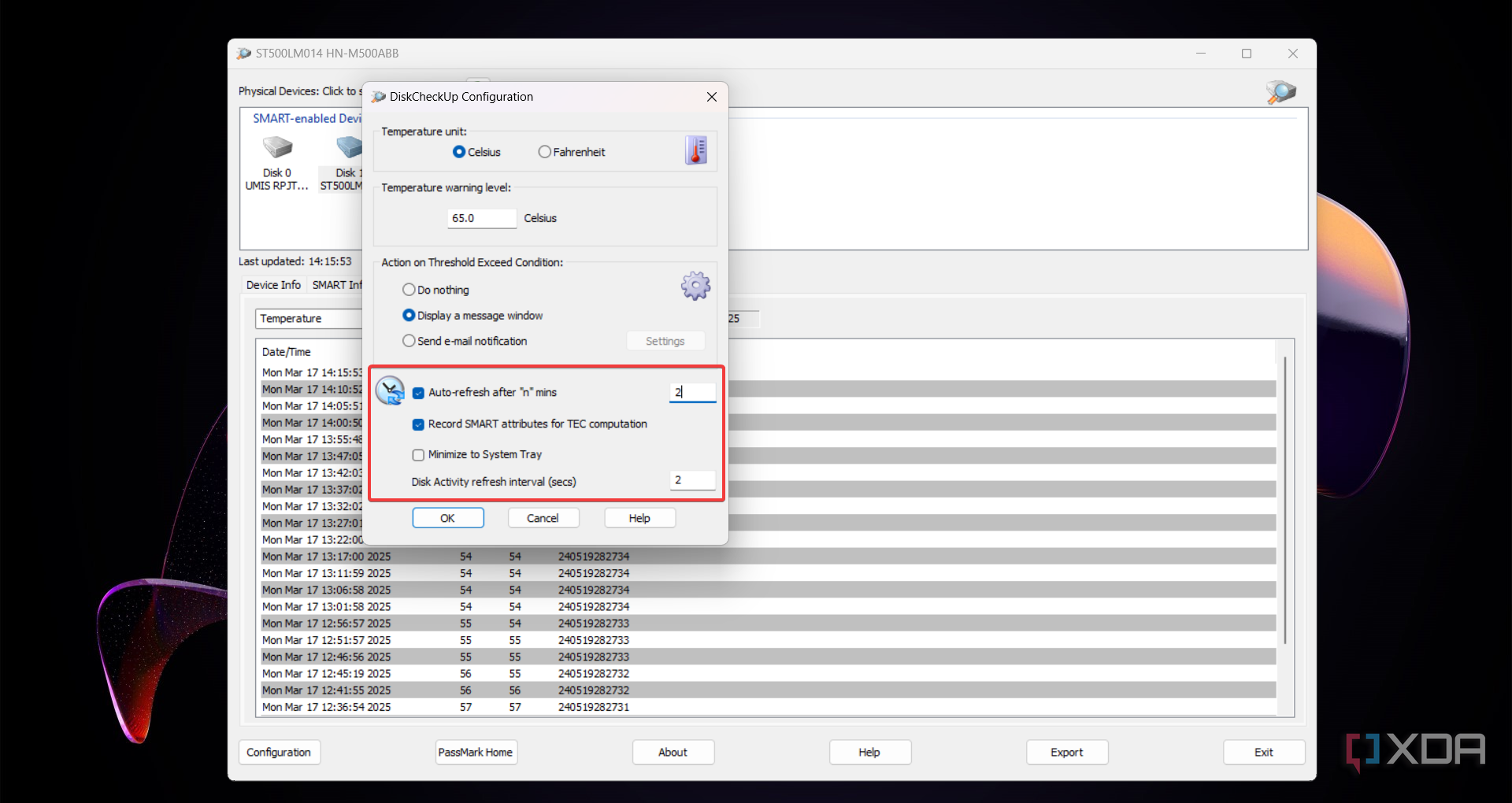 Setting up the DiskCheckup refresh time