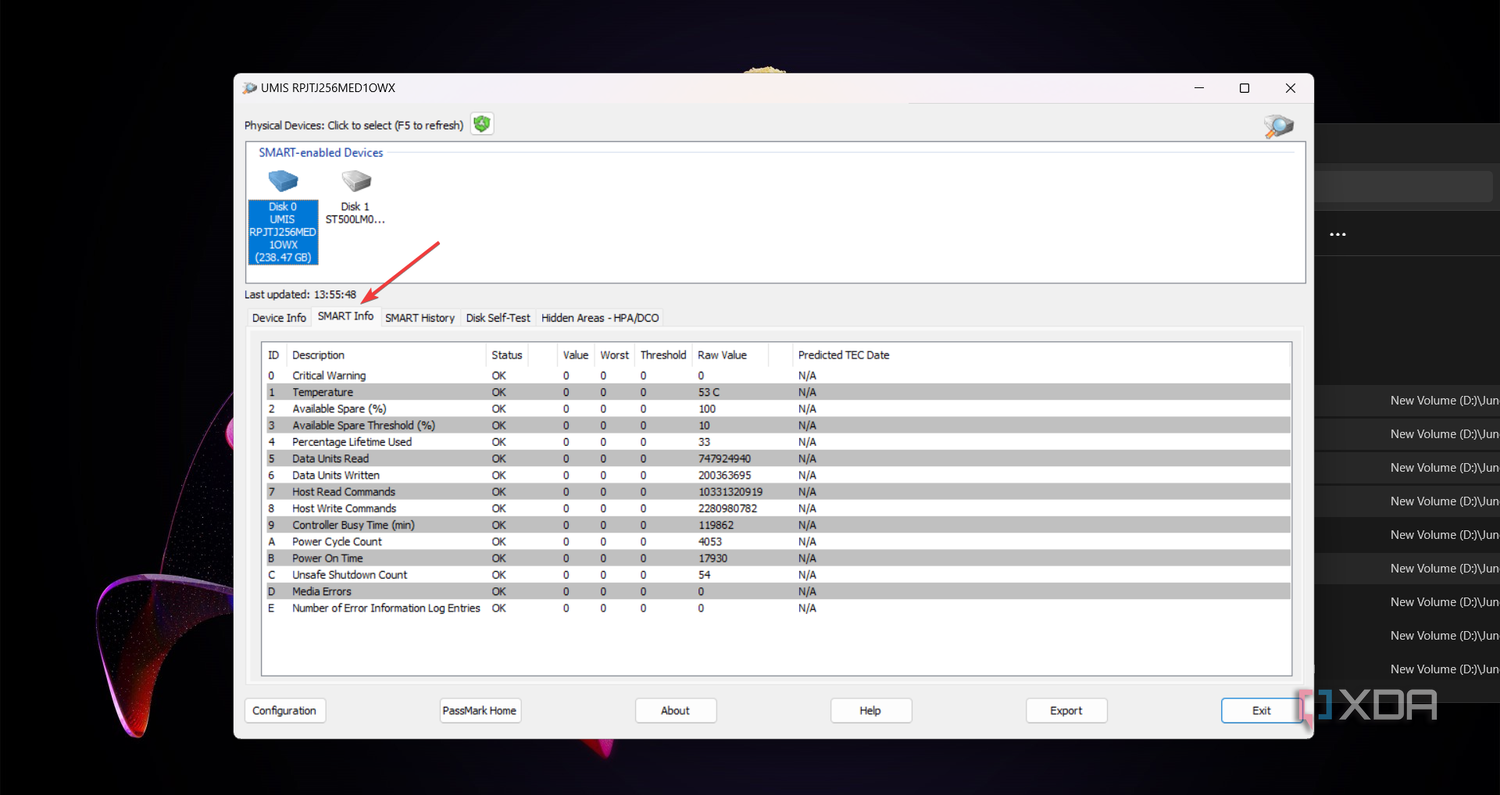 Accessing the DiskCheckup SMART Info section