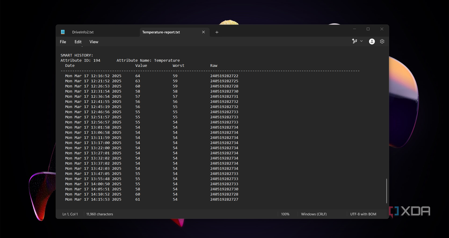 The exported report about the SSD temperature readings from DiskCheckup