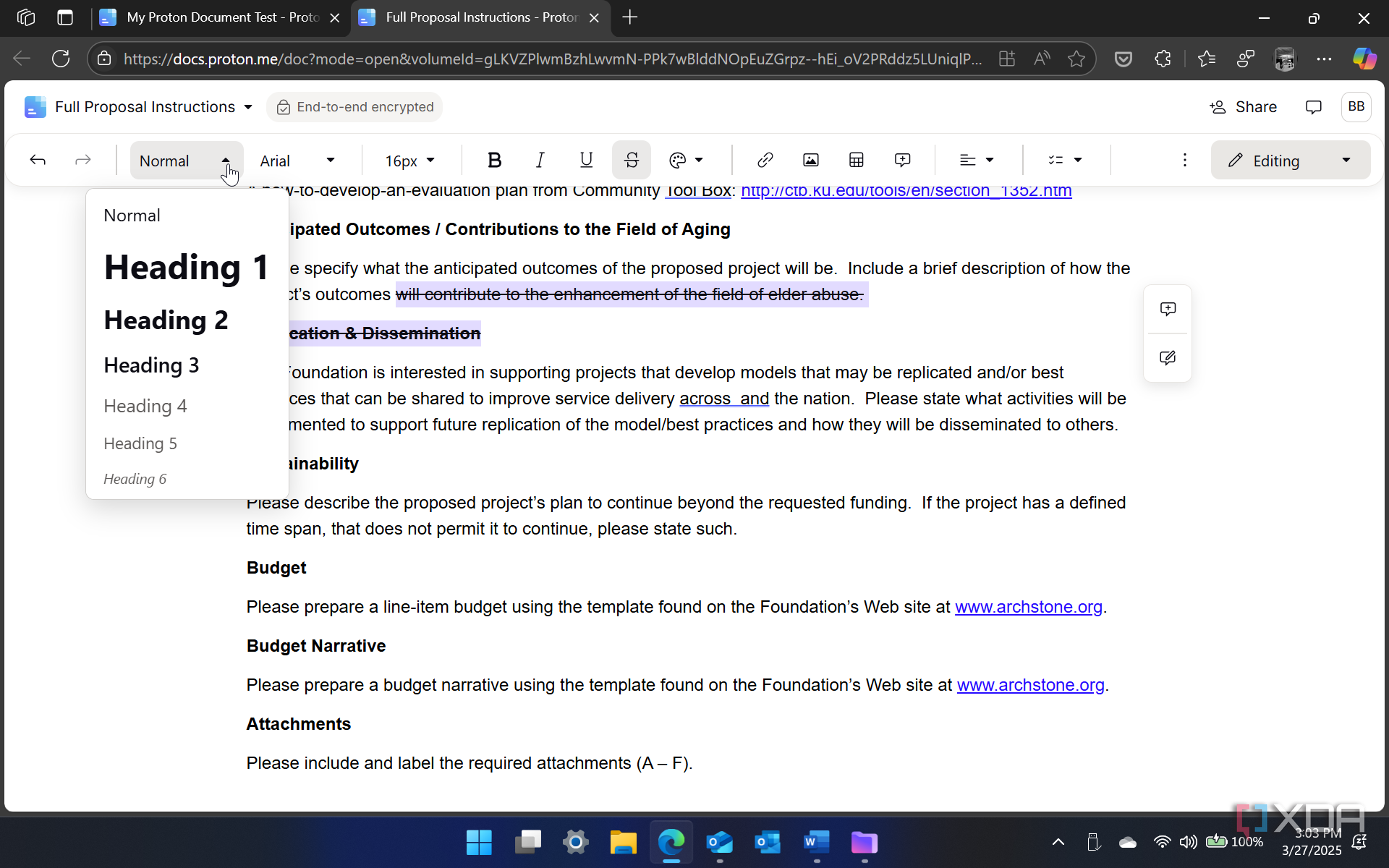 shows document header actions in Proton Docs