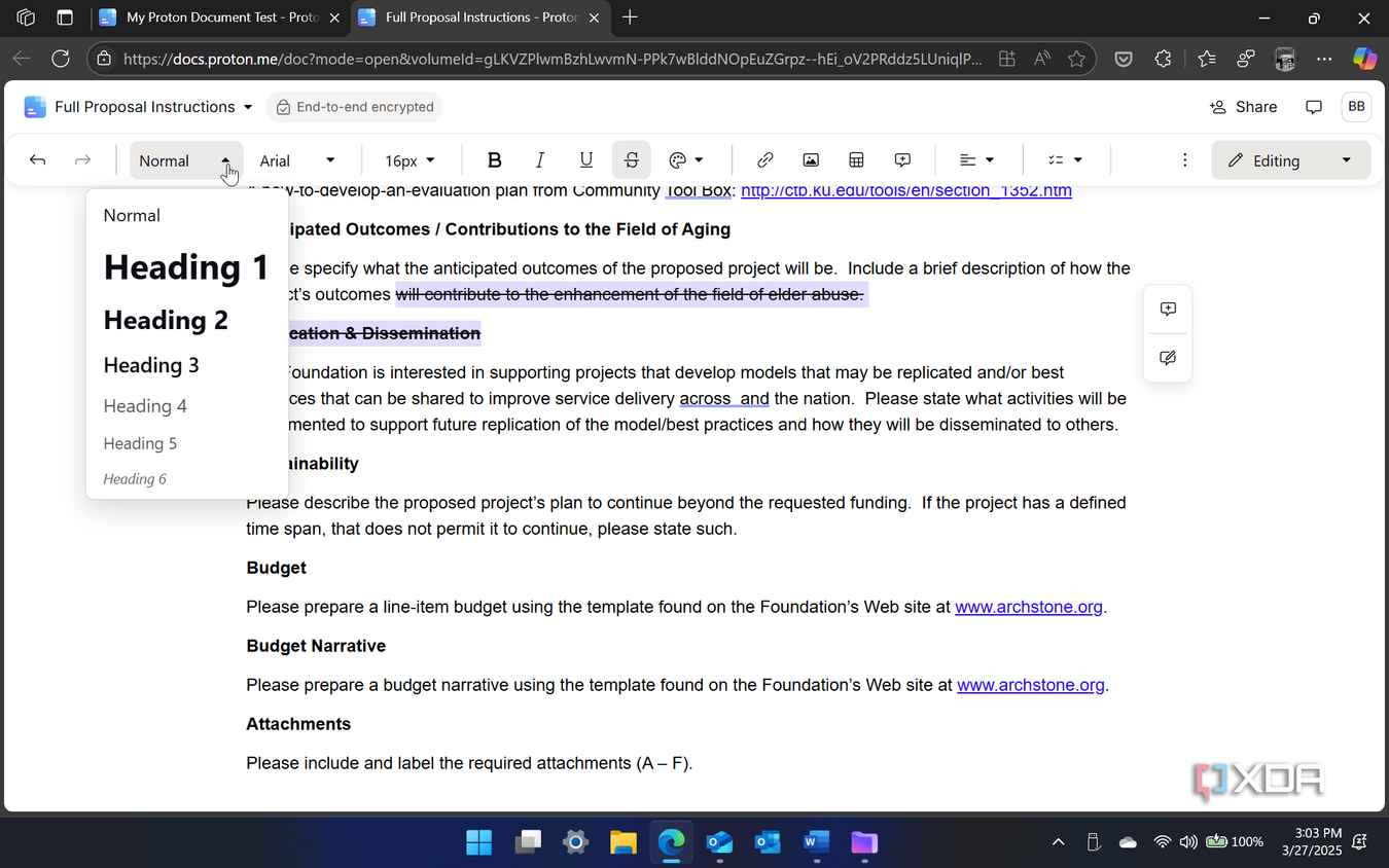shows document header actions in Proton Docs